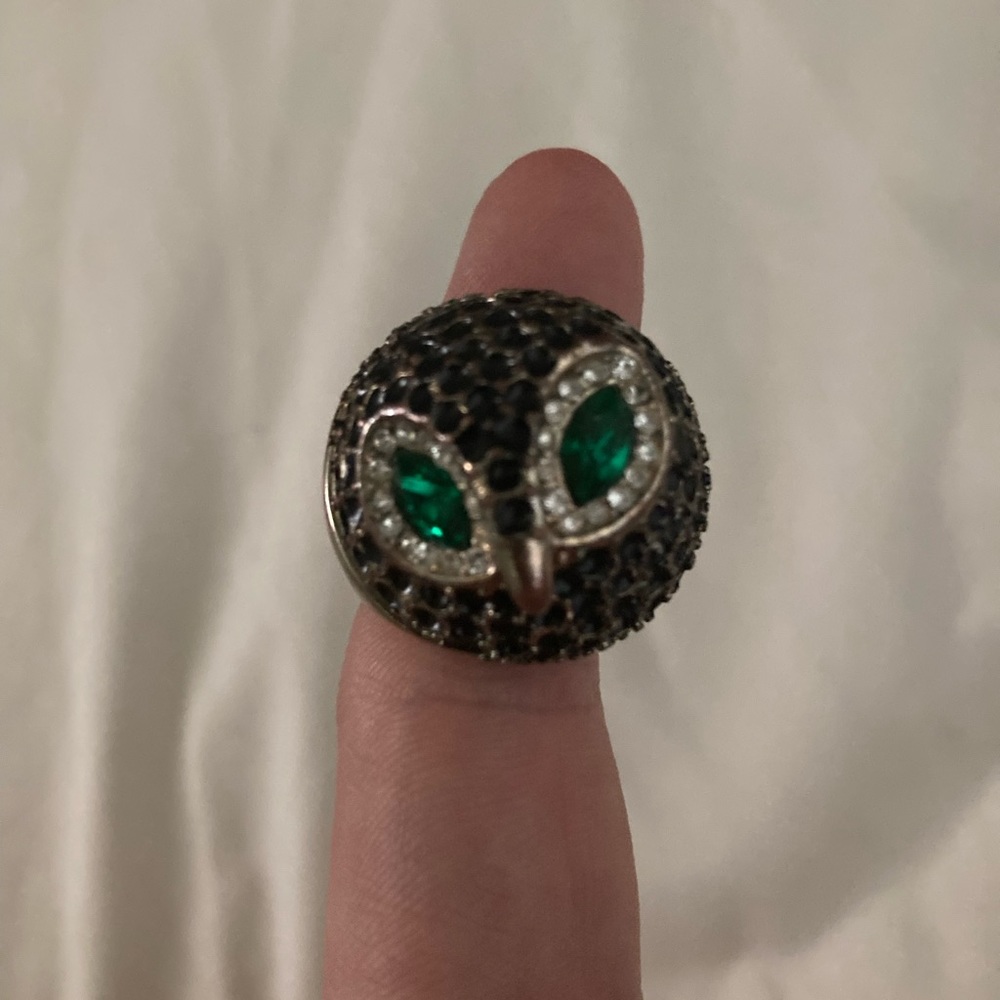 Solid black enameled woman’s juicy couture owl ring with CZ diamonds !
